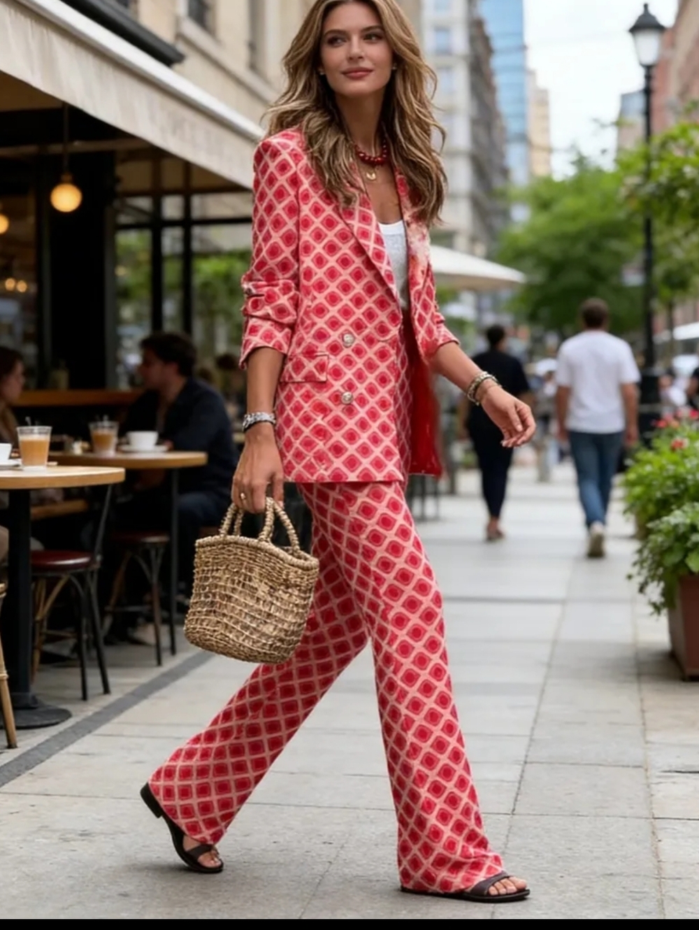 Womens Red Patterned Two-Piece Blazer & Wide-Leg Pants Set - Picture 6 of 6